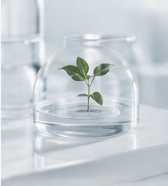 A small seedling growing inside a glass dome, symbolizing early-stage research